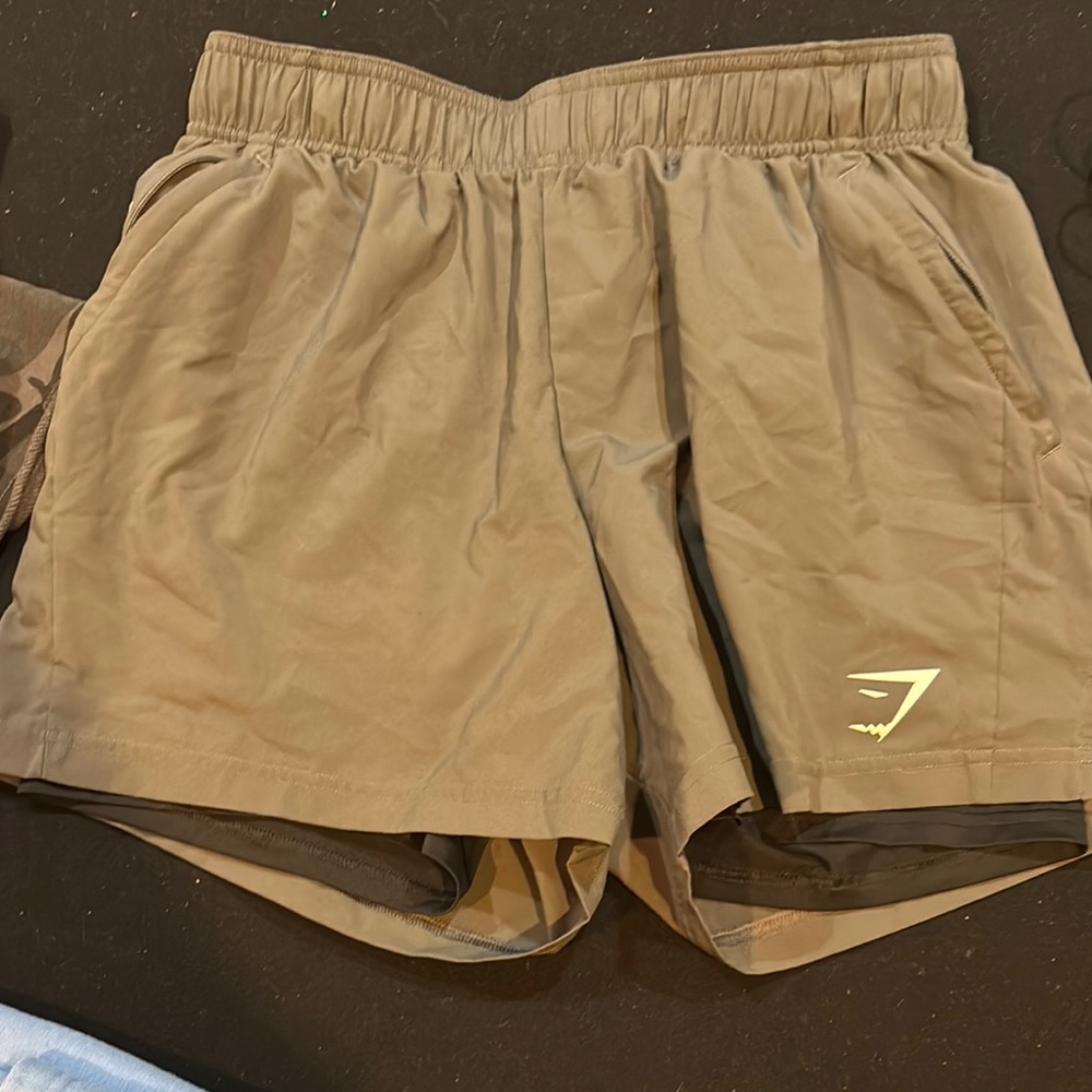 Gymshark Men’s Tan Athletic Training Shorts with Reflective Logo